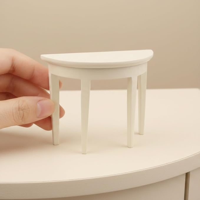 Miniature Half Moon Table Dollhouse Furniture 1/12 Scale for Living Room Bedroom Hallway, Entrance, Small Spaces, DIY Doll House Accessories (White)