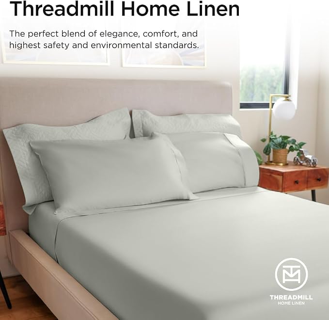Threadmill 100% Cotton Sheets for Full Size Bed - 600 Thread Count Full Bed Sheets Set with 16” Deep Pocket - Sateen Weave 4-Piece Bedding Set with Cooling Effect, Light Grey