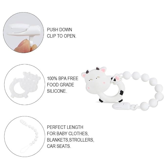 Baby Teething Toys,Food Grade Silicone Teether with One-Piece Pacifier Clip Holder,Shower Gift,Highly Effective Pain Relief for 3 Months+ Boy and Girl,BPA Free,Freezer Safe. (White Cow)