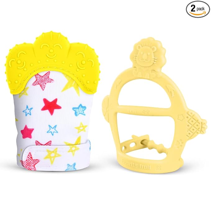 Vicloon Silicone Teething Mitt, 2Pcs Baby Teething Mitten with Adjustable Strap, Crinkle Sound and Textured, Self Soothing Baby Chew Toys for 0-6 Month Infants