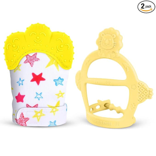 Vicloon Silicone Teething Mitt, 2Pcs Baby Teething Mitten with Adjustable Strap, Crinkle Sound and Textured, Self Soothing Baby Chew Toys for 0-6 Month Infants