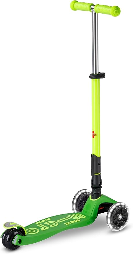 Micro Kickboard | Maxi Foldable LED Kids Scooter for Ages 5-12 | Children up to 110 lbs | 3 Wheel Lean-to-Steer Design | Adjustable T Bar | Smooth Ride, Motion Activated PU LED Wheels | Swiss Design