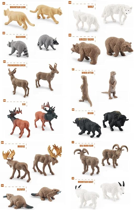 NatureMan North American Animals Set 12PCS Mini Wild Animals Figurines Set cludes Moose Raccoon Cougar, Wolf, Beaver for Children Educational Toy Cake Toppers