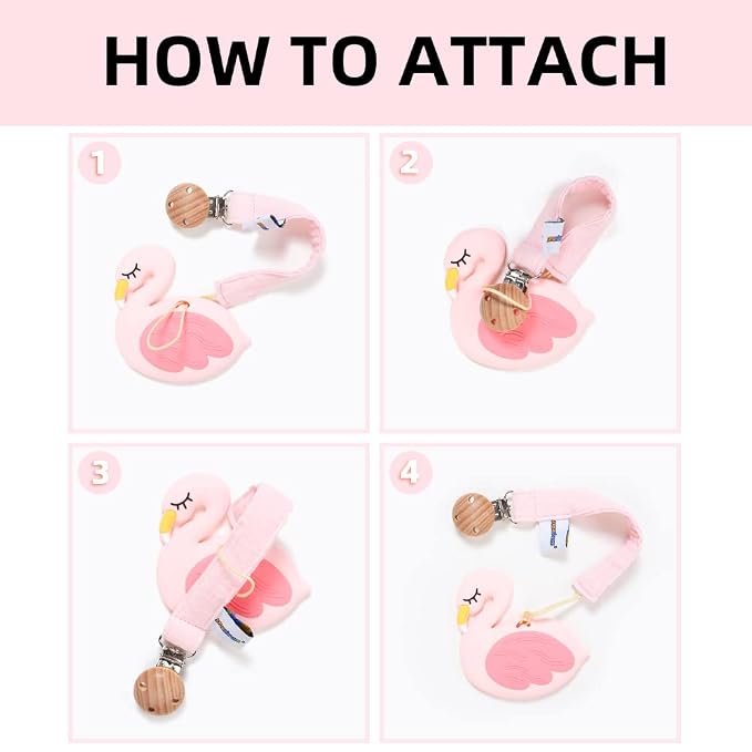 Baby Food Grade Silicone Teether Toy with Pacifier Clip Holder,Teething Pain Relief Toys Gift Set for 3 Months+ Boys and Girls,Freezer Safe,BPA Free (Pink Flamingo)
