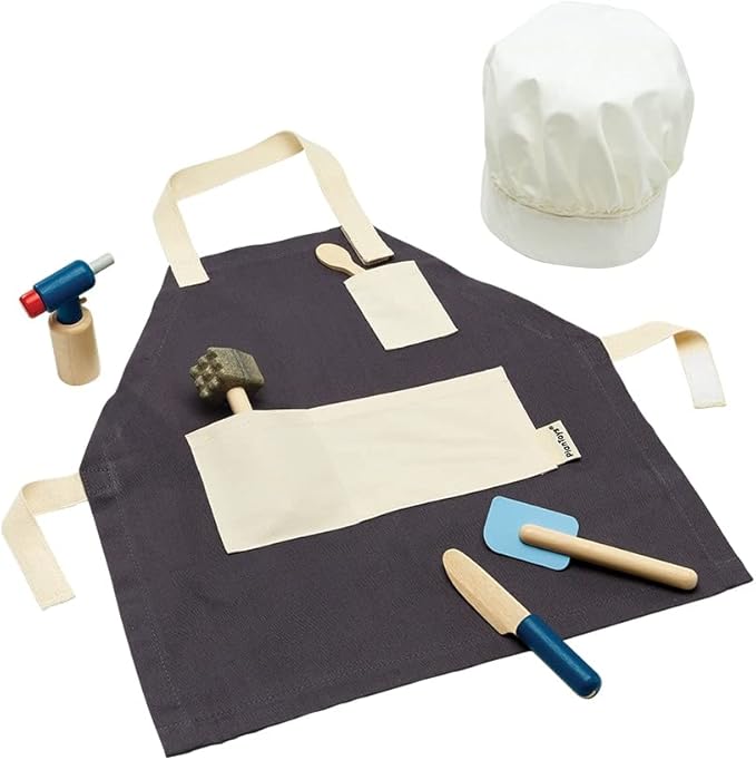 PlanToys® Chef Play Set with Wooden Pretend Cooking Kit Featuring Knife, Spatula & Pan | Montessori Educational Toy for Imaginative Play, Creativity & Skill Development