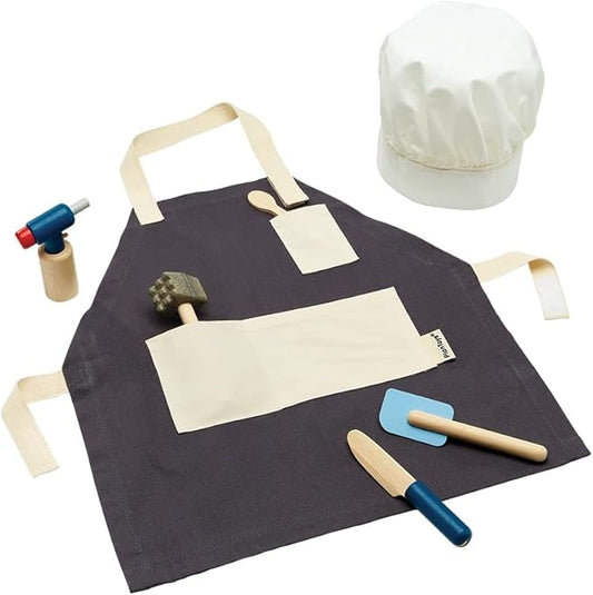 PlanToys® Chef Play Set with Wooden Pretend Cooking Kit Featuring Knife, Spatula & Pan | Montessori Educational Toy for Imaginative Play, Creativity & Skill Development