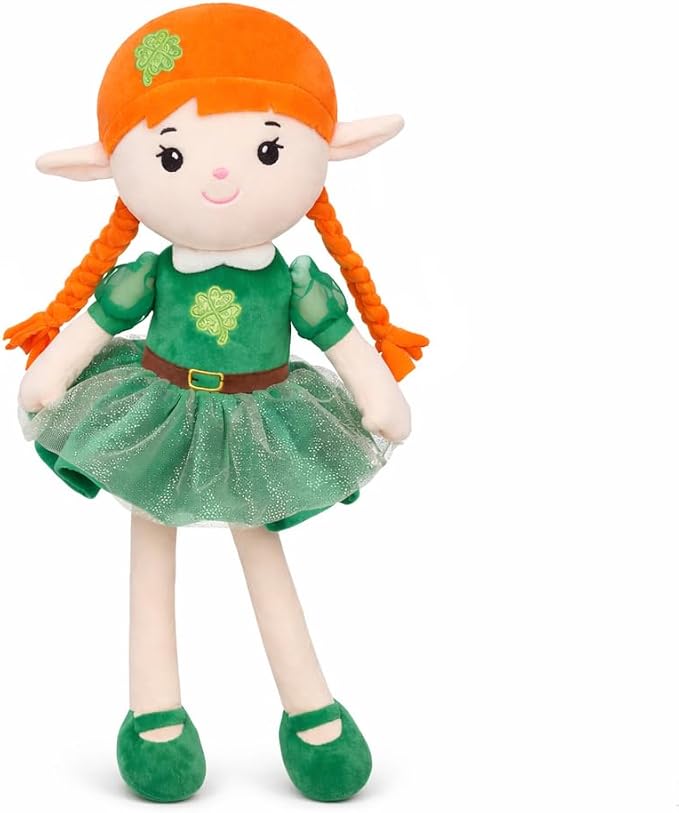 Soft Elf Plush Doll 16inch,Cute Lucky Fairy Doll First Baby Doll, Stuffed Toy with Green Dress, Ideal Gift for Toddlers Infants Kids Birthday St. Patrick's Day
