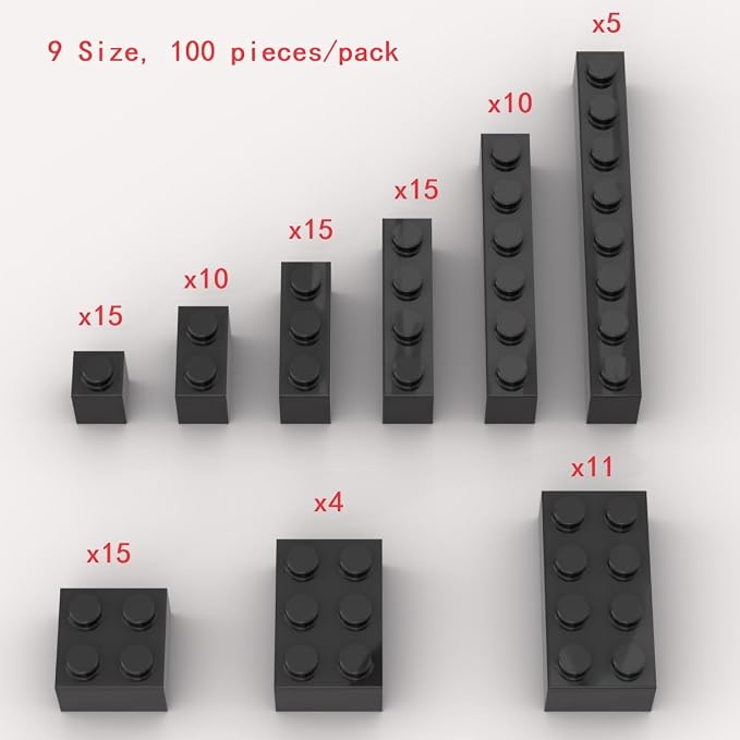 100 Piece Black Bricks Bulk Assortment Pack, 9 Size Black Classic Building Blocks Bricks, Compatible with Lego Parts and Pieces(Color: Black)