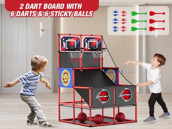 HYES 2 in 1 Dual Shot Basketball Arcade Game with 2 Dart Boards/Electronic Scoreboard/LED Light, Kids Basketball Hoop for Home Indoor Outdoor, Sport Toys for Boys Girls