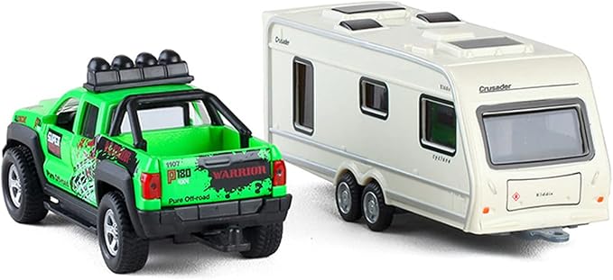 Pickup Truck Trailer Towing Toy Camper 2 in 1 Playset RV Motorhome Toys for Boys Diecast Model Car Metal Pull Back Toy Cars 1/36 Scale SUV Doors Open Light Sound Kids Birthday Gifts, Green