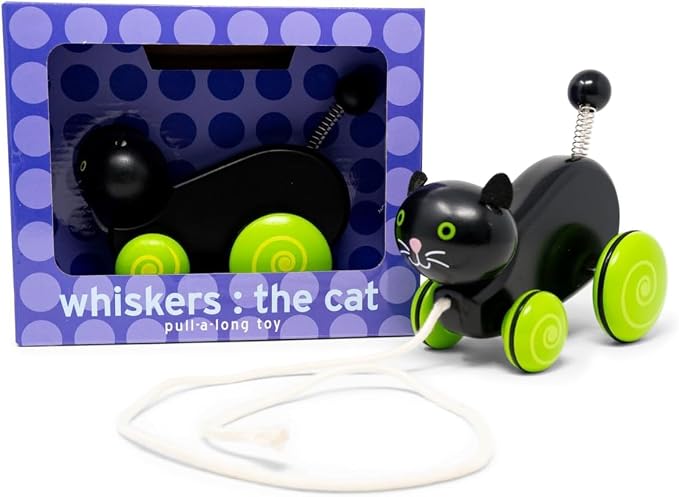 Jack Rabbit Creations- Whiskers The Cat Toddler Wooden Pull Toy- Classic Retro for Toddlers- Durable Construction- Smooth Rolling Wheels- Encourages Imaginative Play-18 Months+
