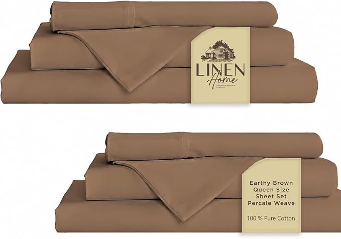 Linen Home 2-Pack Queen Sheet Set, 100% Cotton Percale Bedding, 8-Piece Value Bundle, Deep Pocket Cooling Bed Sheets for Hot Sleepers, Breathable & Crisp Hotel Quality, Long-Staple Cotton Earthy Brown