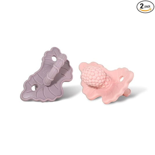 RaZbaby RaZberry Silicone Teether Pacifier – Teething Relief for Infants, Food-Grade, Hands & BPA Free, Natural Berrybumps Fruit Texture for Sensory Development, Freezable, 2-Pack - Lavender & Pink