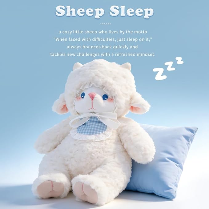 Weighted Stuffed Animals White Lamb 14.6 inches Sheep Plush with Blue Eyes, Soft Baby Gift for Kids Girls Women Birthday.