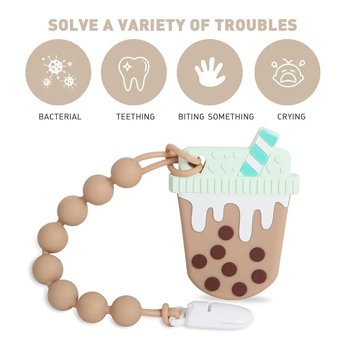 Baby Teething Toys,Food Grade Silicone Teether with One-Piece Pacifier Clip Holder,Shower Gift,Highly Effective Pain Relief for 3 Months+ Boy and Girl,BPA Free,Freezer Safe. (Bubble Tea Cup)