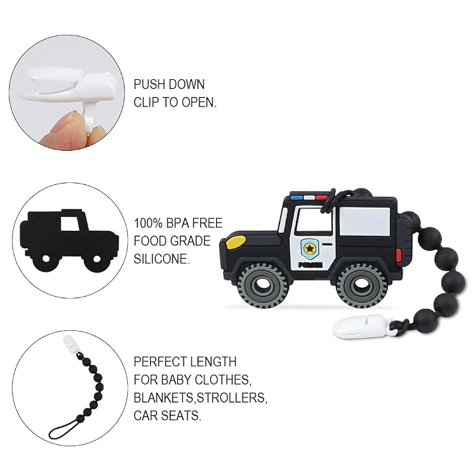 Baby Construction Vehicles Teething Toys,Food Grade Silicone Teether with One-piece Pacifier Clip Holder,Shower Gift for 3 Months+ Boy and Girl,BPA Free,Freezer Safe. (Police Car)