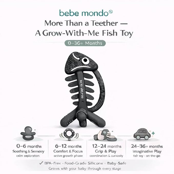 3 in 1 Infant Toys, Baby Teething Toys 3–6 6–12 Months, Teethers for Babies 0–3–6–12 Months for Teething Relief, Baby Gift, Baby Teether Toys, Silicone Sensory Toys, USA Patent Pending, Fish (Black)