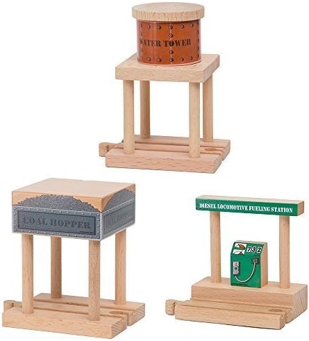 ORBRIUM Wooden Train Tracks Accessories Set Water Tower, Coal Hopper, Diesel Fuel Station Combo Pack for Wooden Railway Compatible with Thomas, Brio, IKEA, Melissa and Doug STEM Toys