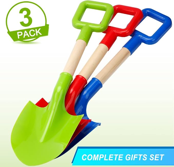 16" Kids Beach Spades Sand Shovels Toys Gardening Tools Kit Sandbox Sturdy Scoop Durable Wood Handle ABS Plastic Spade for Garden Sand Snow Backyard Summer Kids Adults 3 Pack- Blue&Green&Red