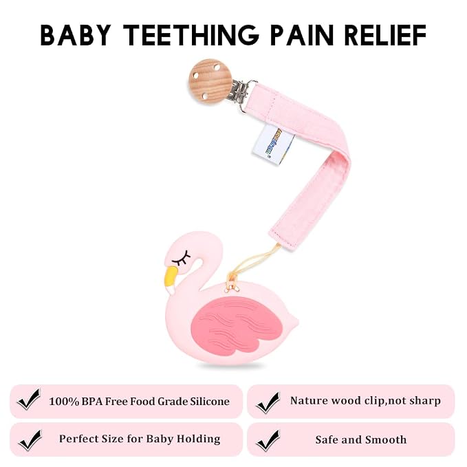 Baby Food Grade Silicone Teether Toy with Pacifier Clip Holder,Teething Pain Relief Toys Gift Set for 3 Months+ Boys and Girls,Freezer Safe,BPA Free (Pink Flamingo)