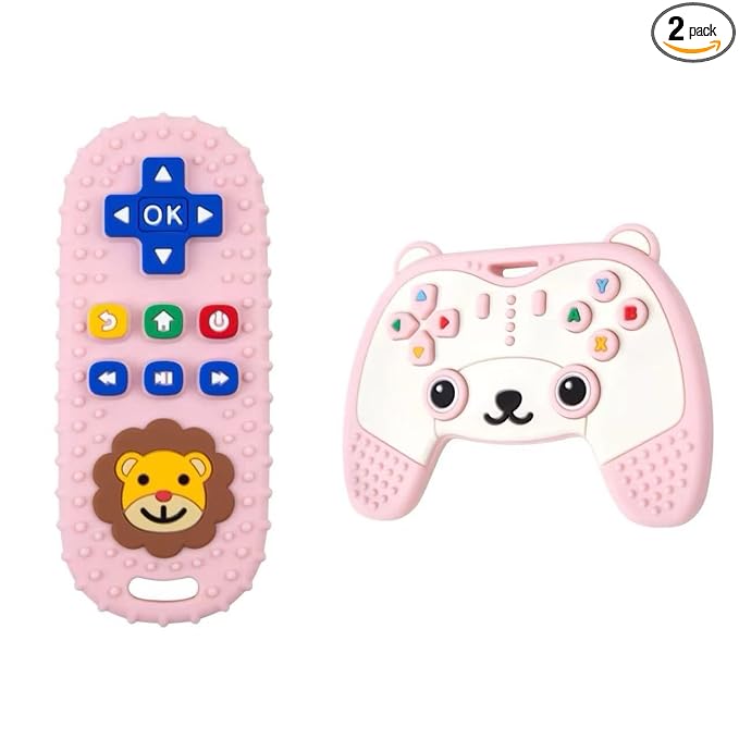 Baby Teething Toy, Soft TV Remote and Game Controller Shape Chew Set, Educational Toy for Intellectual Development, Safe Silicone for Toddler and Infant (Pink (Panda Handle + Lion Remote Control))