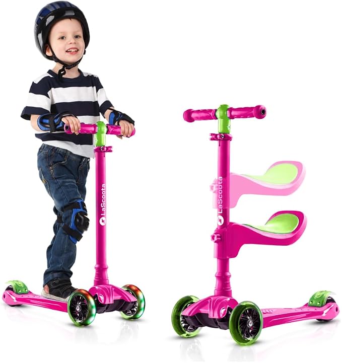 LaScoota 2-in-1 Kids Kick Scooter, Adjustable Height Handlebars and Removable Seat, 3 LED Lighted Wheels and Anti-Slip Deck, for Boys & Girls Aged 3-12 and up to 100 Lbs.