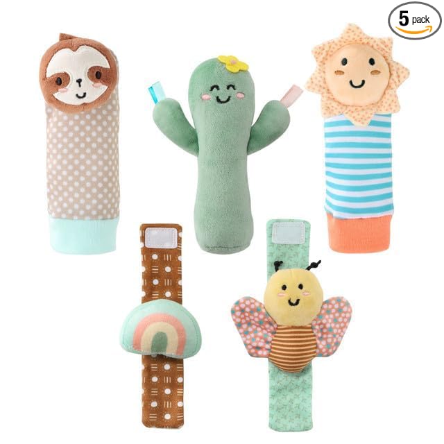 The Peanutshell Sock Rattles Set of 5 - Girl Boy Rattle Socks, Baby Toys 0-6-12 Month, Animal Newborn High Contrast Baby, Infant, New Born Toys 0-3 0-6 Months Old Babies - Boho