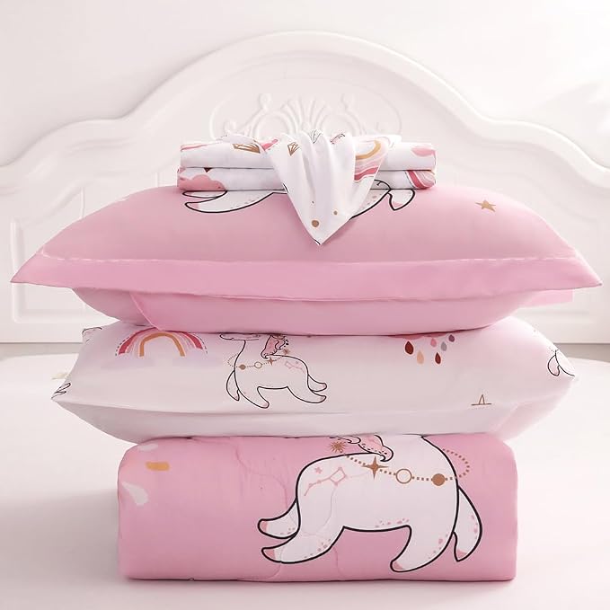 Wajade Kids Pink Unicorn Comforter Set Bed in A Bag Full Size 7 Piece Cute Unicorn Rainbow Clouds Bedding Set for Girls (1 Comforter, 1 Flat Sheet, 1 Fitted Sheet, 2 Pillowcase and 2 Pillow Sham)
