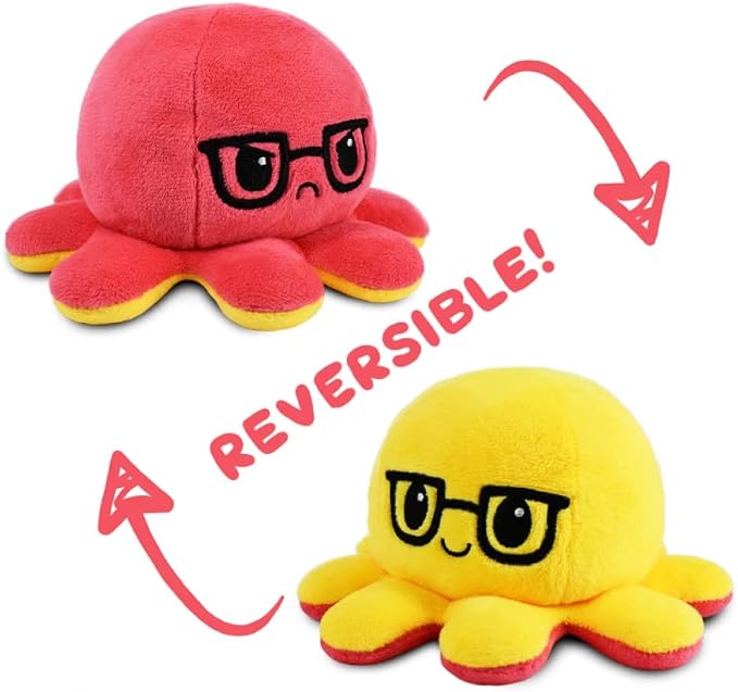 TeeTurtle Reversible Octopus Plushie 4-Inch Red + Yellow with Glasses Two-Sided Flip Plush Toy with Embroidered Details - Cute Mini Collectible Plush for Kids, Teens, and Adults