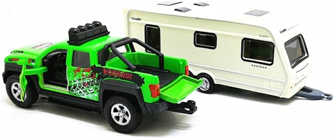 Pickup Truck Trailer Towing Toy Camper 2 in 1 Playset RV Motorhome Toys for Boys Diecast Model Car Metal Pull Back Toy Cars 1/36 Scale SUV Doors Open Light Sound Kids Birthday Gifts, Green