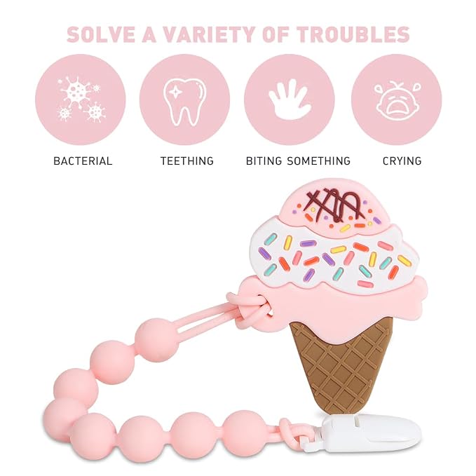 Baby Teething Toys,Food Grade Silicone Teether with One-piece Pacifier Clip Holder,Baby Gift,Highly Effective Pain Relief for 3 Months+ Boy and Girl,BPA Free,Freezer Safe. (Ice Cream)