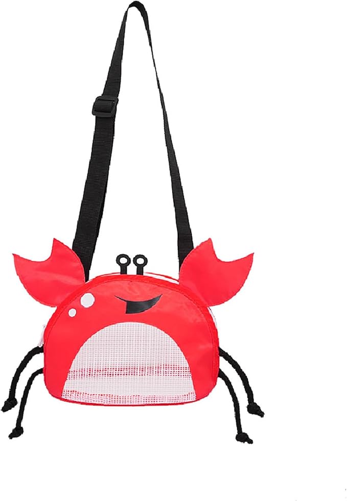 Kids Mesh Beach Bag, Cute Crab-Shaped Seashell Collecting Bag with Adjustable Strap for Holding Shell Beach Toy