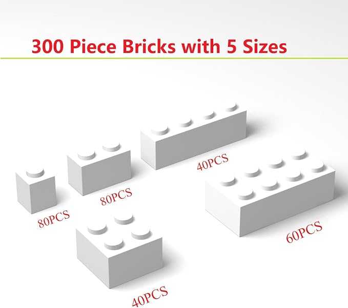 300Pcs Building Brick Bulk, White Bulk Bricks with 5 Sizes, Compatible with Lego and Parts and Pieces, Creative Halloween Christmas Building Block Toys for Boys Girls Ages 6 7 8 9 10 Years Old