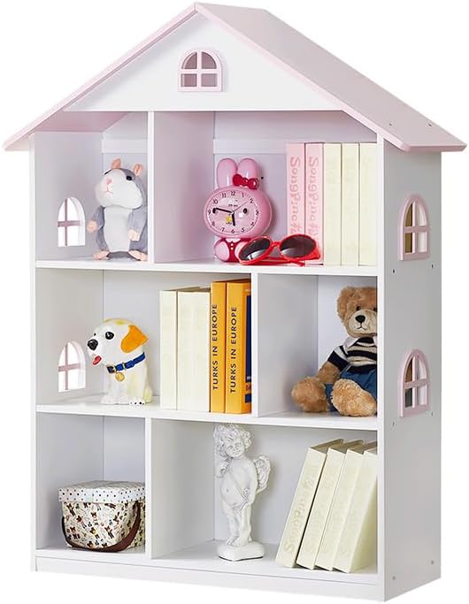 Kids Dollhouse Bookshelf and Toy Storage - Wooden Stand Dollhouse Bookcase with 3-Tier Storage Display, Bookshelf for Playing Room, Nursery, Gift for Boys Girls (6 Room - Pink with White)