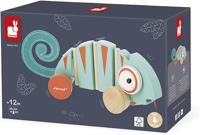 Janod - Tropik Pull-Along Chameleon - Wooden Early-Learning Toy - Silent Wheels - Educational Walking and Balancing Toy - Water-Based Paint - 1 Year + J08264