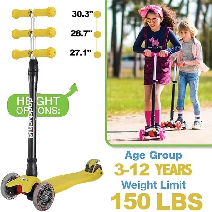 Scooters for Kids 3 Wheel Kick Scooter for Toddlers Girls & Boys, 4 Adjustable Height, Lean to Steer, Extra-Wide Deck, Light Up Wheels for Children from 3 to 14 Years Old