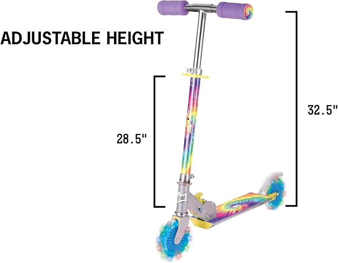 Ozbozz Tie Dye Foldable Scooter - Light UP Wheels - Ages 5 and up. Adjustable Handlebar Height 28.5" - 32.5"