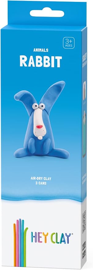 Hey Clay Animals - Claymate Rabbit - Colorful Modeling Air Dry Clay for Kids - Air Dry Clay Kit 3 Cans with Fun Interactive App