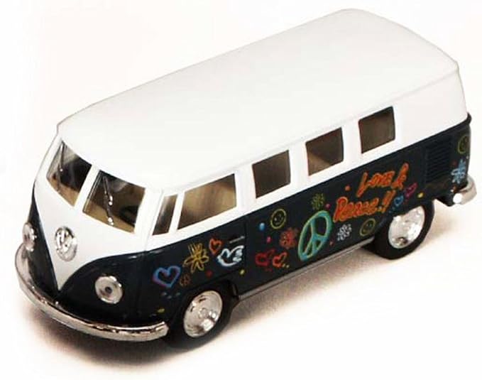 KiNSMART 1962 Volkswagen Classic Bus 1:32 Scale 5" Die Cast Metal Model Toy Van Pullback Acation (4 Set Flower Power)