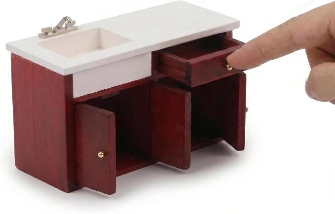 Dollhouse Furniture 1/12 Scale Miniature Sink Cabinet Wooden Bathroom Vanity Cabinet with Openable Drawer and Doors (Red)