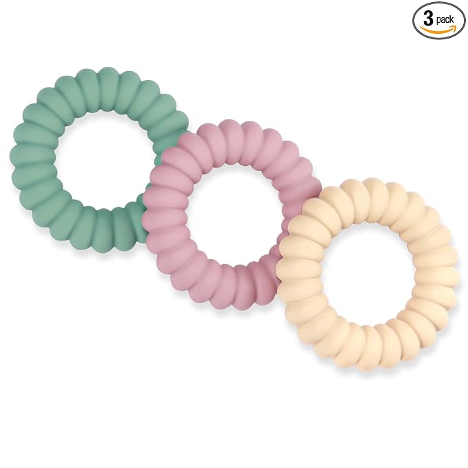 Baby Teether Toys, Silicone Teether Rings with Rattle for Babies, Textured Teething Rings Relief Soothing Sore Gums, 3 Pack