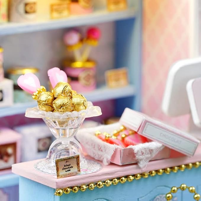 DIY Miniature Dollhouse Kits - Wooden Mini Model House with LED Lights, Tiny Furniture & Accessories – Craft Building Kits for Teens & Adults (Yummy Candy Shop) – Birthday Valentine's Gift