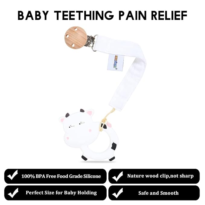 Baby Food Grade Silicone Teether Toy with Pacifier Clip Holder,Teething Pain Relief Toys Gift Set for 3 Months+ Boys and Girls,Freezer Safe,BPA Free (Cow)