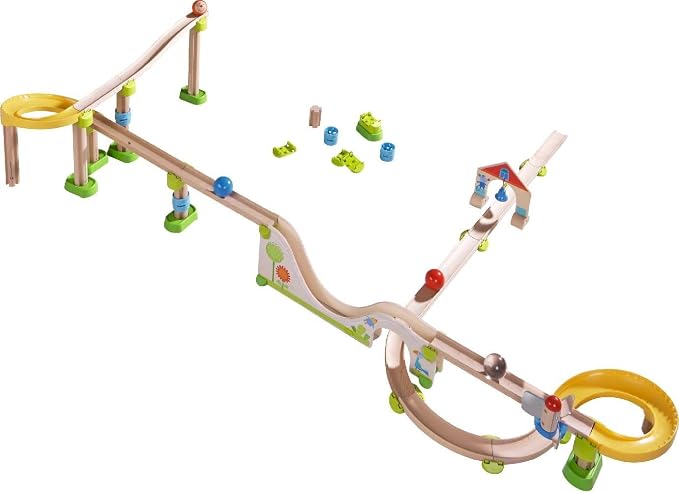 HABA Ball Run Building Set, Kullerbu 8 Piece Expansion Set, STEM Toys for 2-6 Year Olds, Floor Connectors for Flat Tracks, Marble Runs and Marble Maze