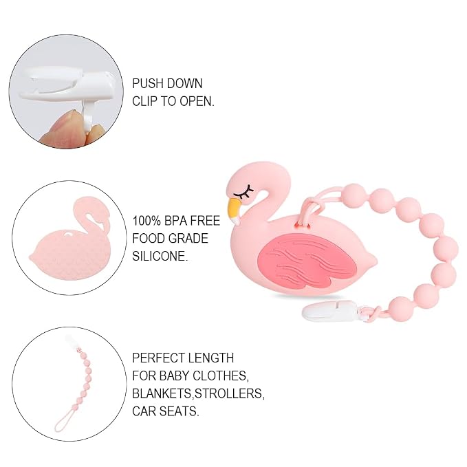 Baby Teething Toys,Food Grade Silicone Teether with One-piece Pacifier Clip Holder,Baby Gift,Highly Effective Pain Relief for 3 Months+ Boy and Girl,BPA Free,Freezer Safe. (Pink Flamingo)