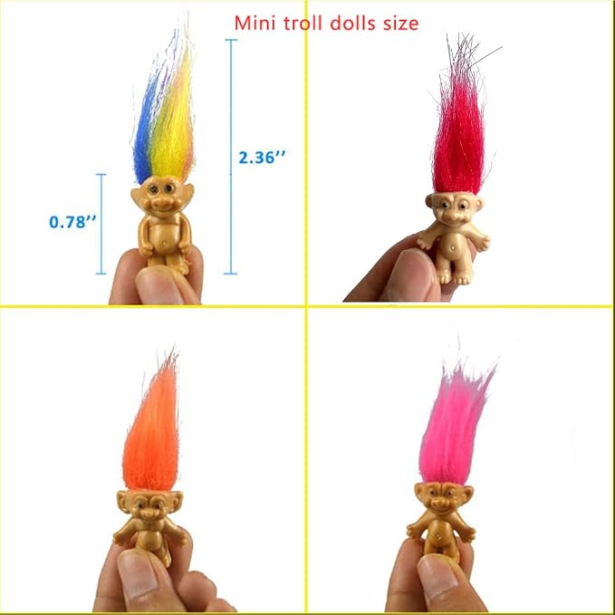 10PCS Mini troll Dolls, Assorted Hair Colors Vintage troll Dolls Action Figures 1.2" Cake Toppers Chromatic Adorable Cute Little Guys Collection, School Project, Arts Crafts, Party Favors