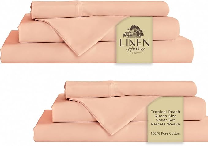 Linen Home 2-Pack Queen Sheet Set 100% Cotton Percale Bedding, 8-Piece Value Bundle, Deep Pocket Cooling Bedsheets for Hot Sleepers, Breathable & Crisp Hotel Quality, Long-Staple Cotton Tropical Peach