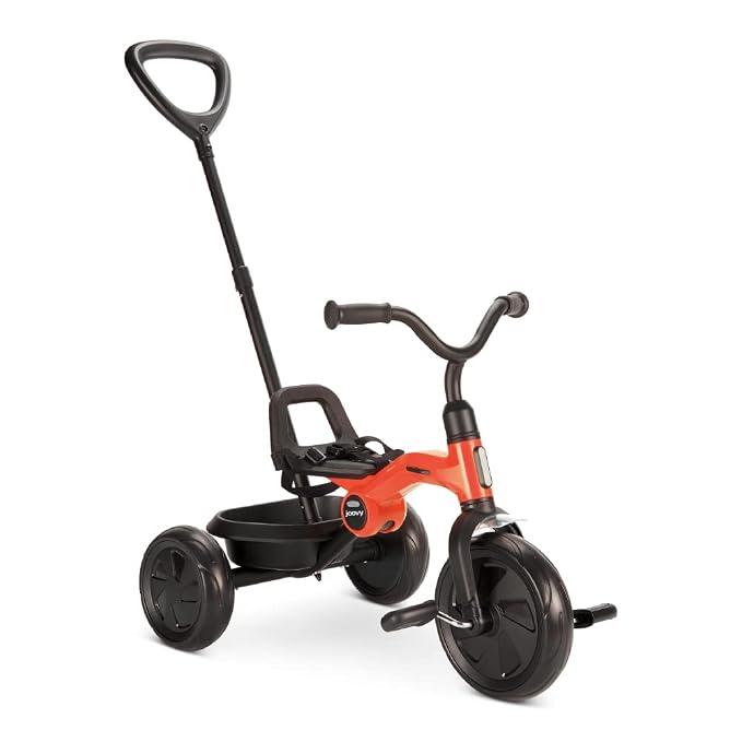 Joovy Tricycoo Fold & Go Toddler Tricycle Featuring Removable, Adjustable Push Handle, Lockable Front Pedals, Height-Adjustable Seat, 3-Point Safety Harness, and Rear Storage Box (Rorange), Large