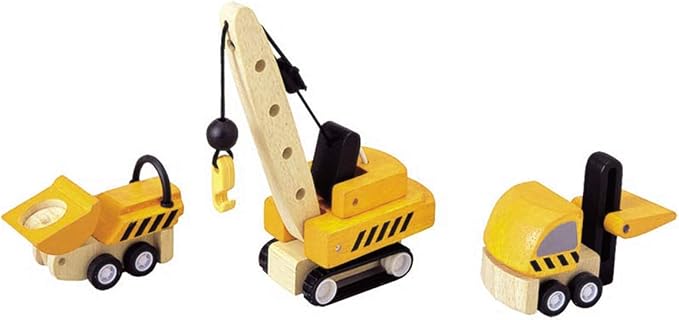 PlanToys 3 Piece Road Construction Vehicle Set (6087) | Sustainably Made from Rubberwood and Non-Toxic Paints and Dyes