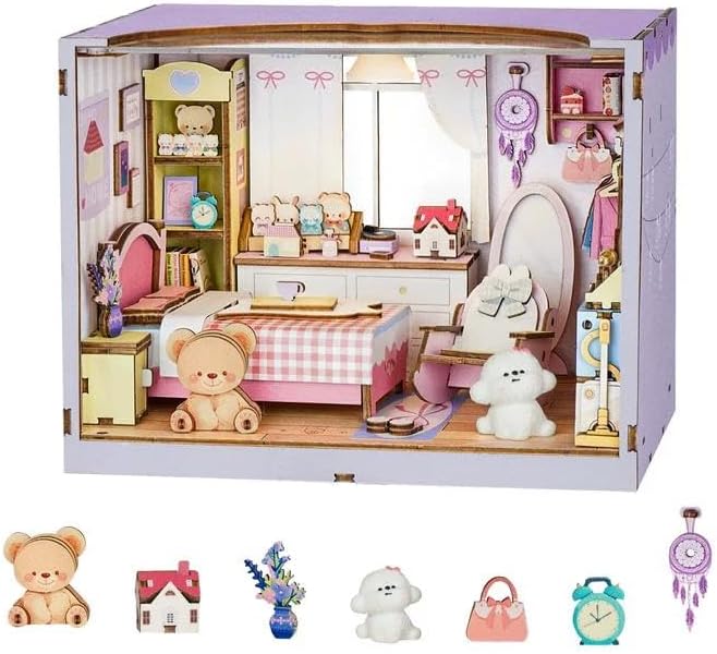 DIY Miniature House Kit-Bedroom, 3D Wooden Puzzles with LED Light Tiny House Mini House Building Kit for Adults, Wooden Adults Crafts Home Decor Gifts for Parents Friends